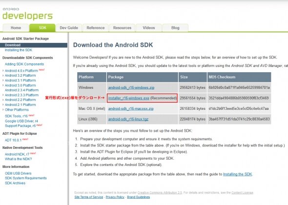 Android DevelopersのAndroid SDKダウンロードページへアクセス